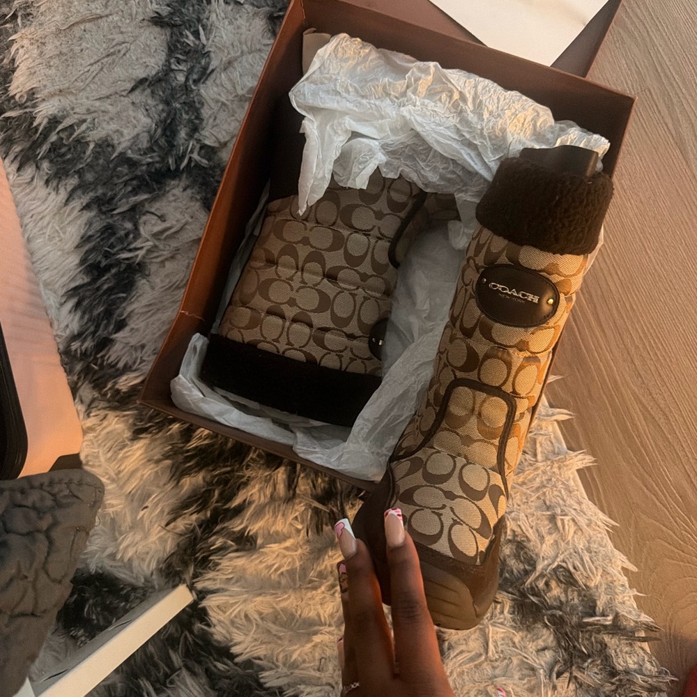 Coach Tan and Black Signature Pattern Boots